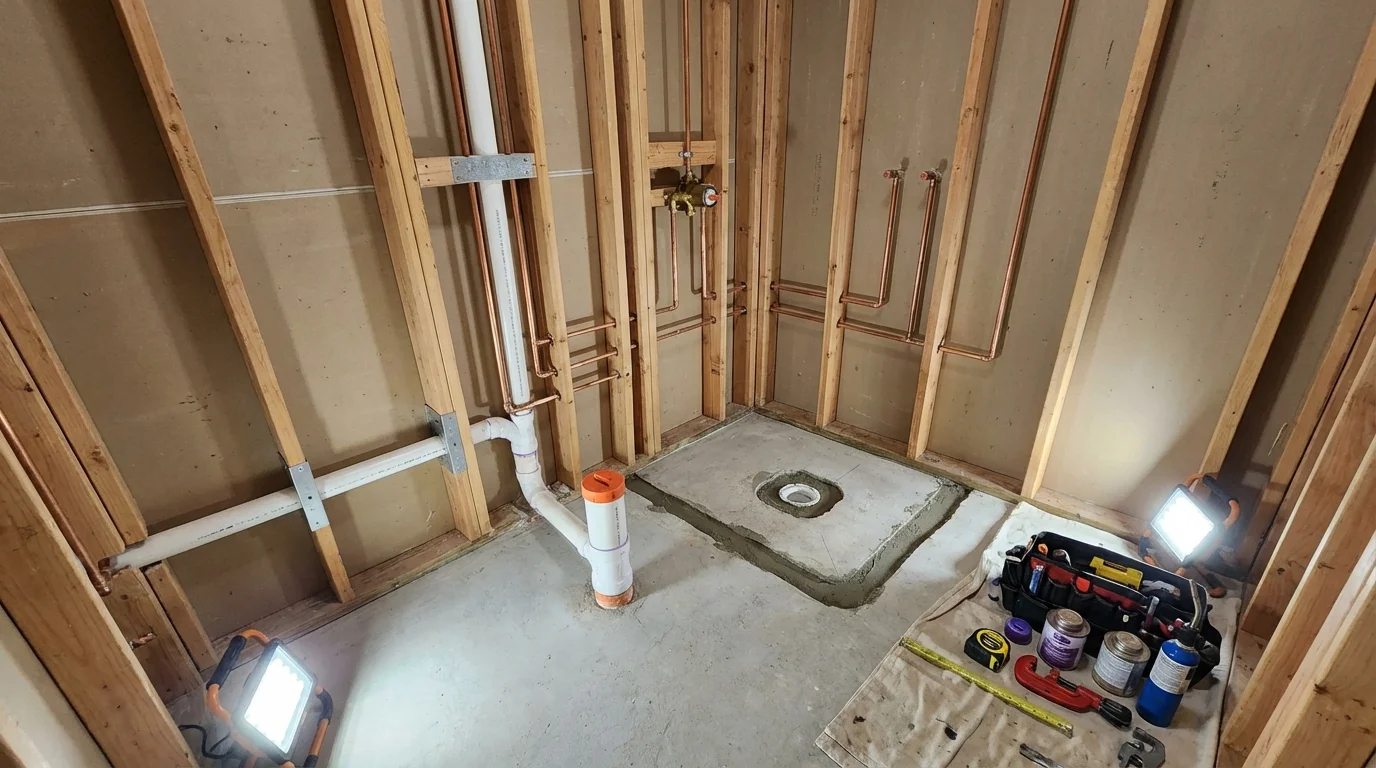 Bathroom rough-in plumbing during remodel by Johns Plumbing LLC in Peach Springs
