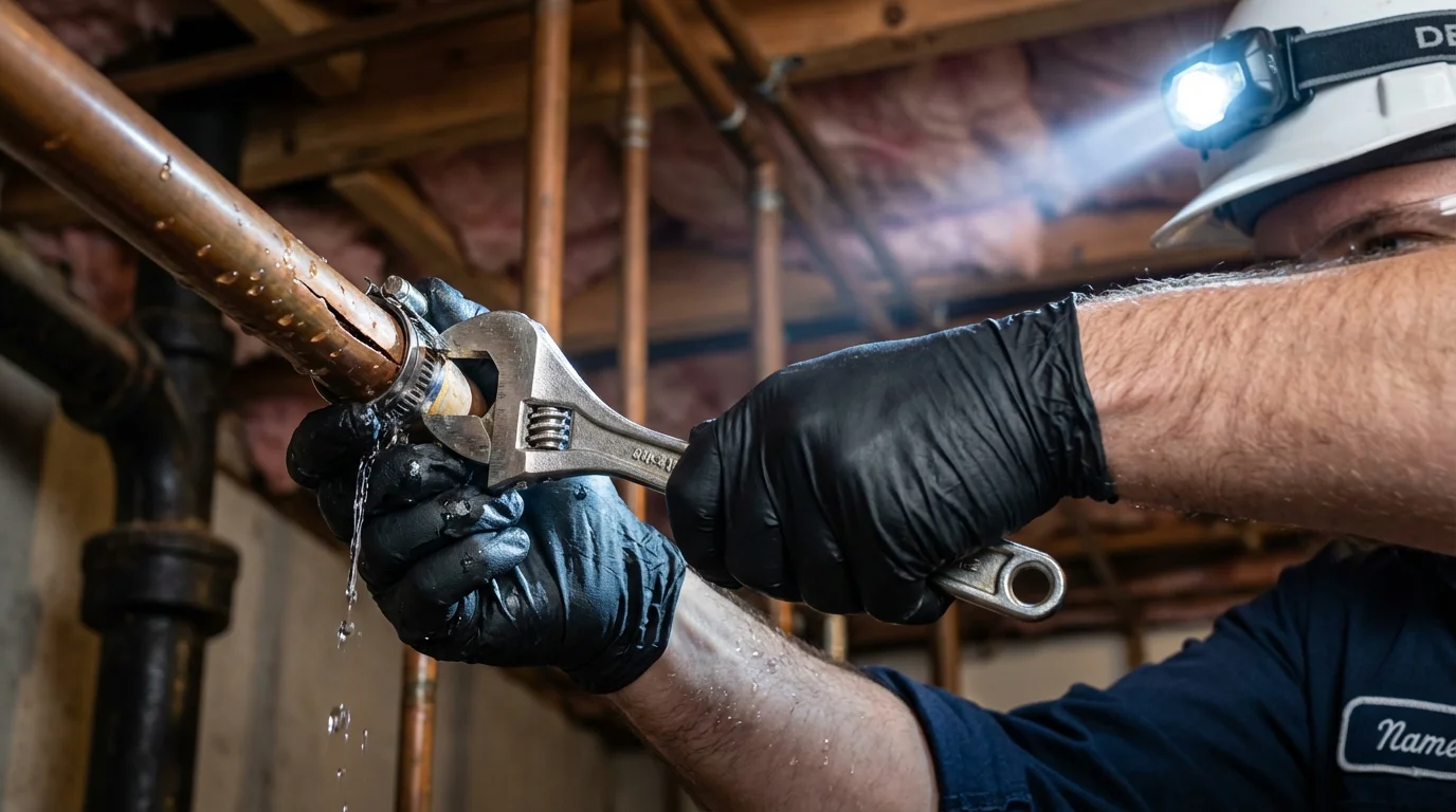 Emergency pipe clamp repair being performed by a Johns Plumbing LLC plumber in Peach Springs