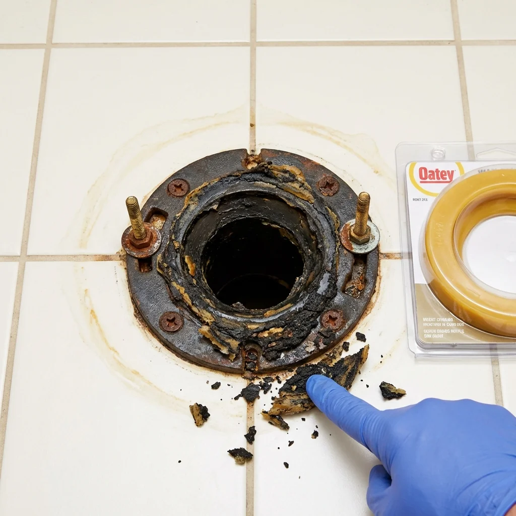 Failed wax ring showing water seepage at the base of a toilet in a Peach Springs, AZ home