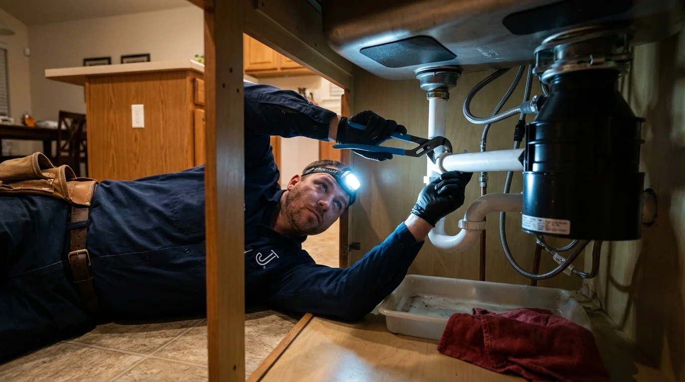 P-trap and supply line connections under a kitchen sink showing a common leak point in Peach Springs, AZ